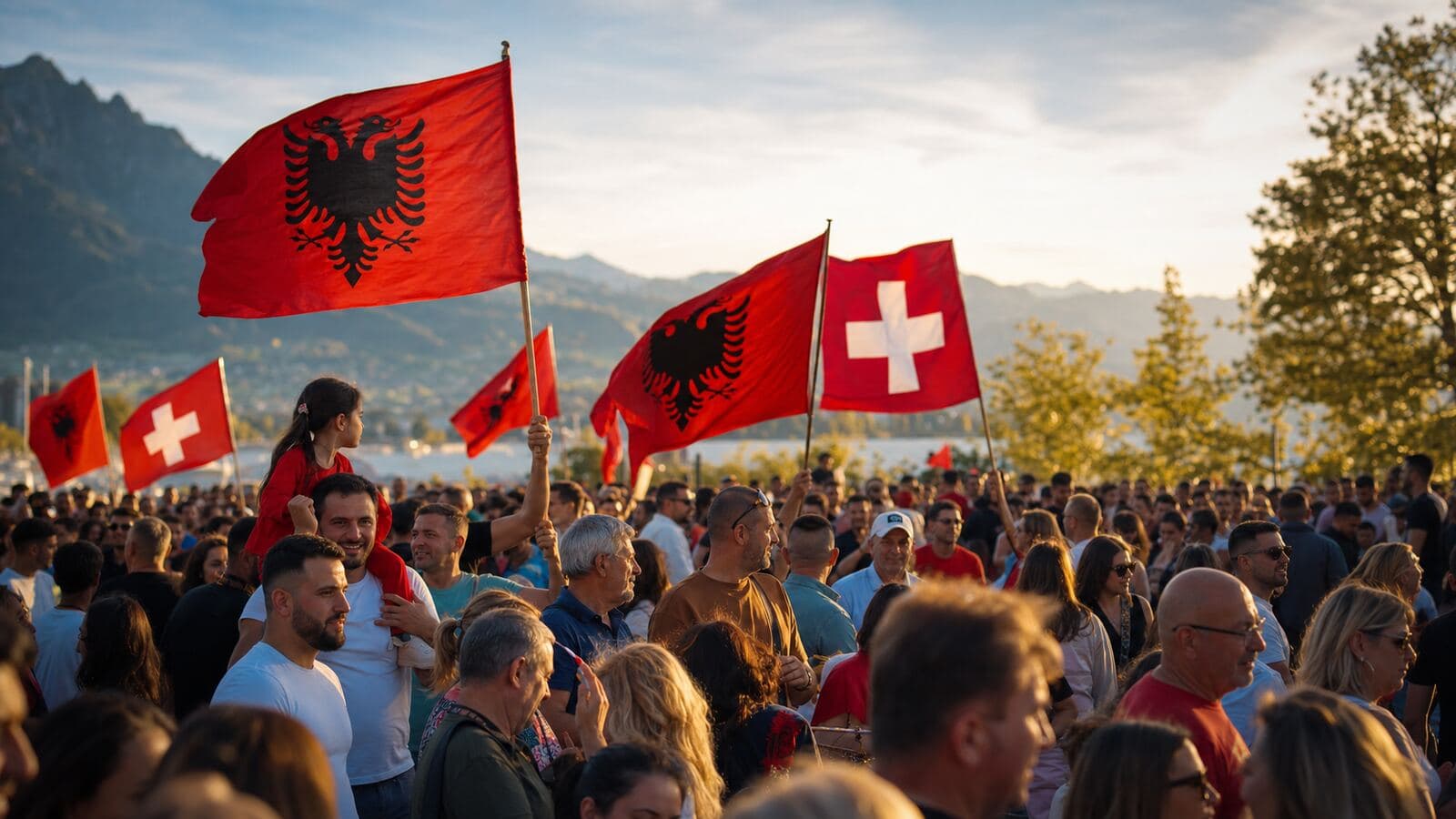 Albanian and Swiss flags side by side at a festival of the Albanian community in Switzerland