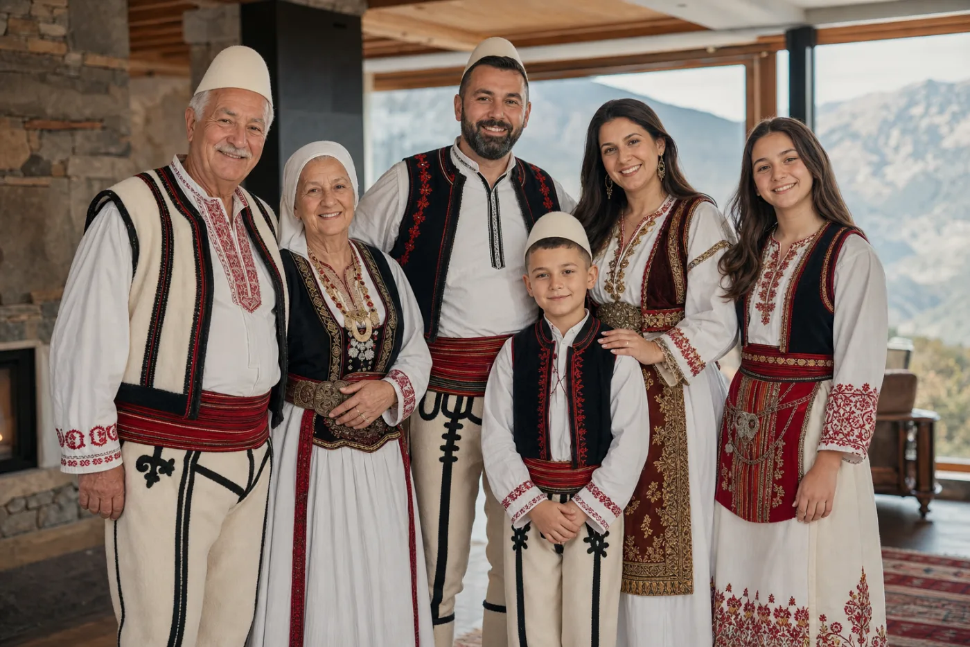 Geleneksel kıyafetleriyle bir Arnavut ailesinin üç kuşağı, erkekler plis takıyor