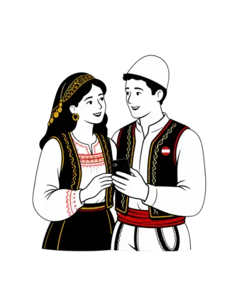 Geleneksel kıyafetlerle çizilmiş Arnavut çift, Avusturya kurdelesi