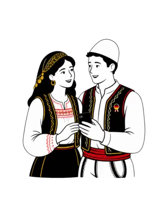 Geleneksel kıyafetlerle çizilmiş Arnavut çift, Almanya kurdelesi