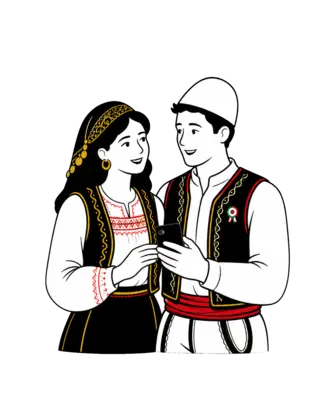 Geleneksel kıyafetlerle çizilmiş Arnavut çift, İtalya kurdelesi