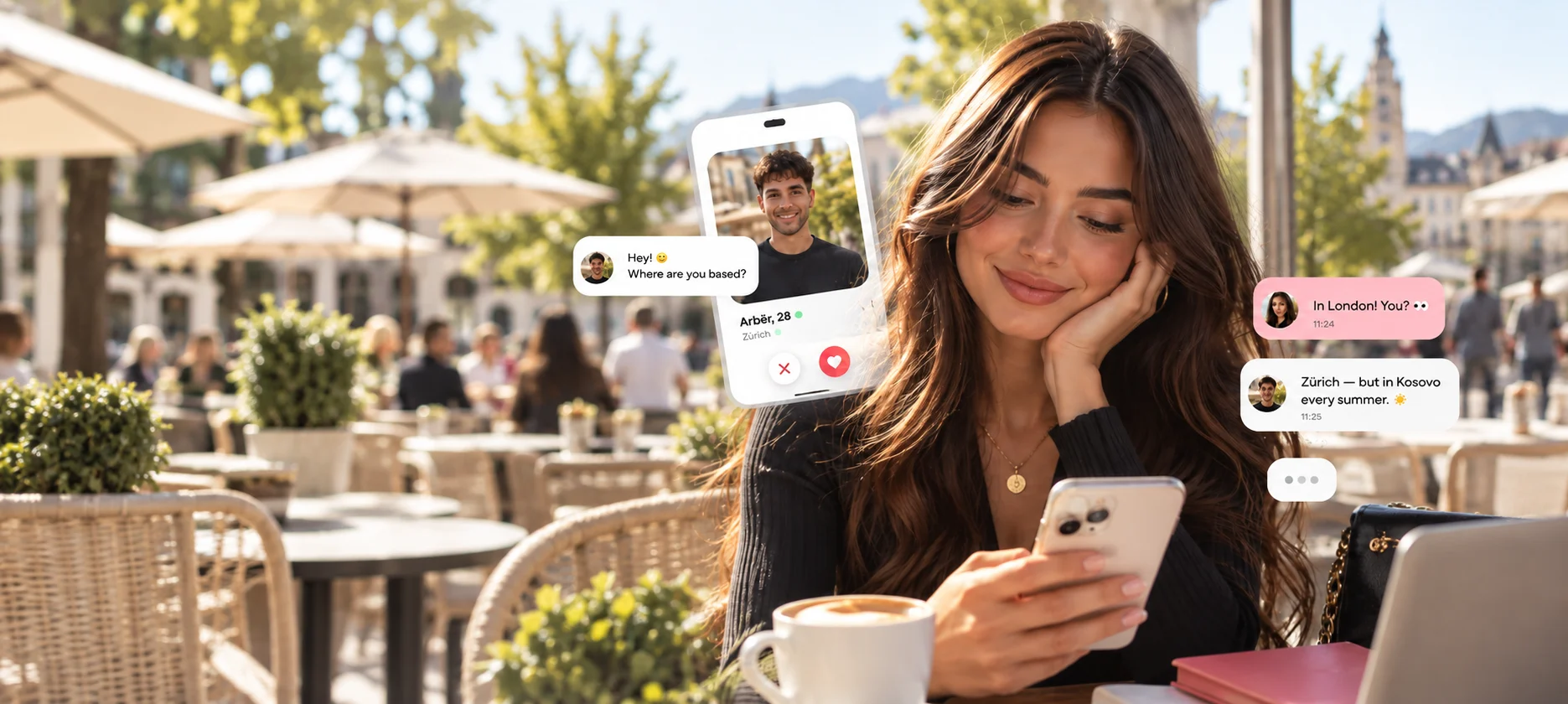 Illustration of a woman chatting at a café, with an example Albanian profile and messages connecting London and Zürich.