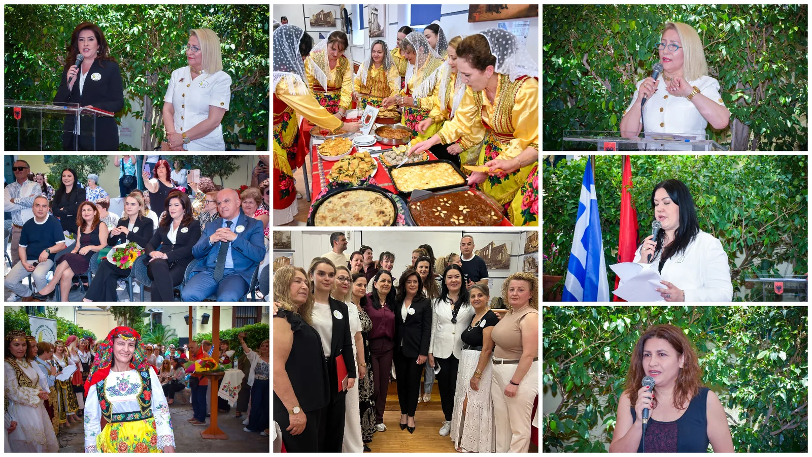 Albanische Frauen in traditionellen Trachten beim Servieren, Tanzen und Sprechen auf dem albanischen Gastronomiefestival 2026 in Athen