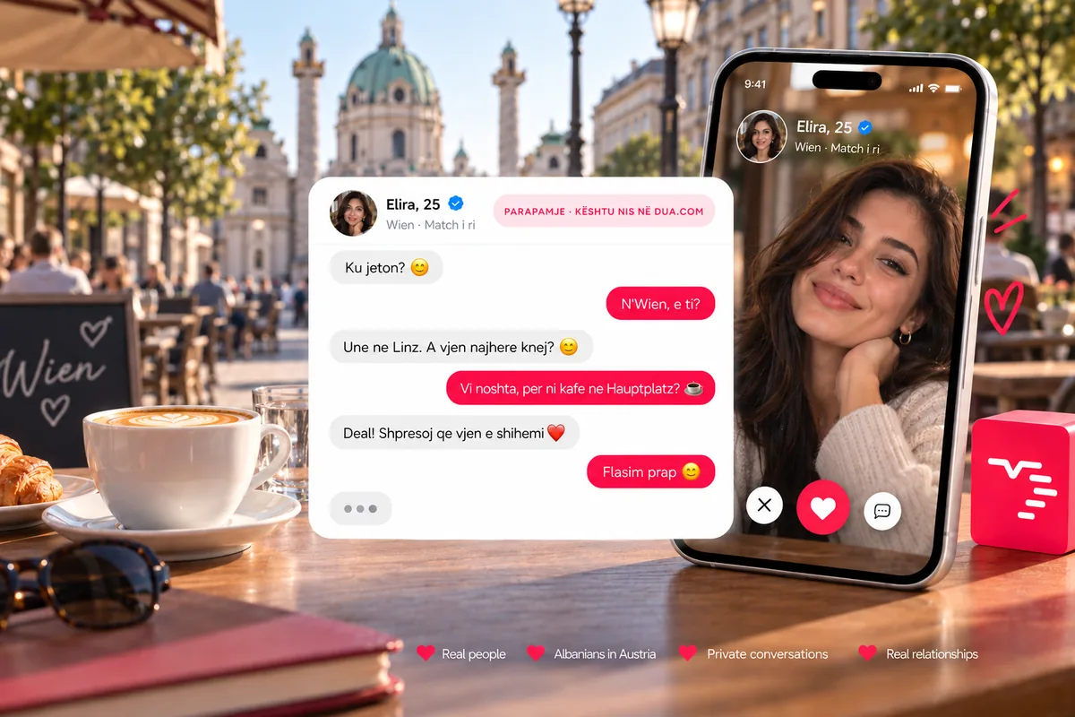 Sample illustration of a dua.com conversation in Albanian between two matches, one in Vienna and one in Linz, arranging to meet for coffee
