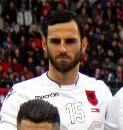 Mërgim Mavraj in Albania’s white national-team shirt before the Austria friendly in Vienna in 2016.