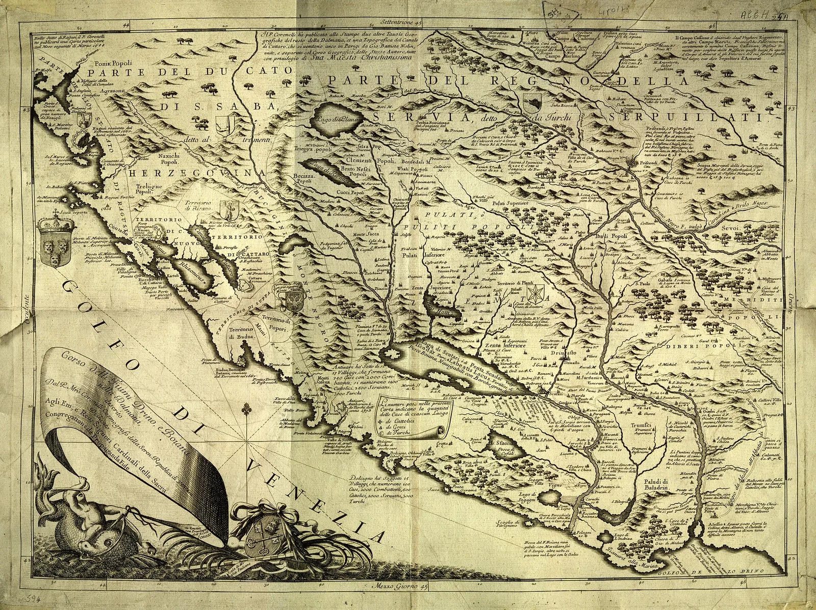 Coronellis graverade karta från 1688 över Skadarsjön och floderna Drin och Bojana, trakten som arbanasi lämnade