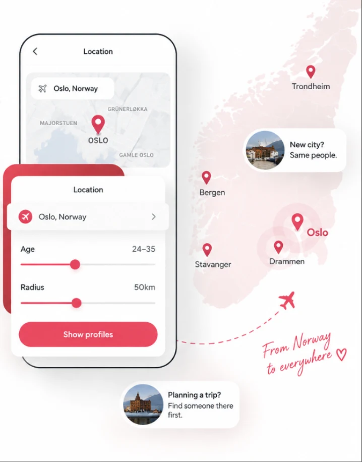 Zbulo vende me Fly: Oslo, Drammen, Bergen, Stavanger dhe Trondheim. Pamje nga aplikacioni dua.com, jo hartë e popullsisë.