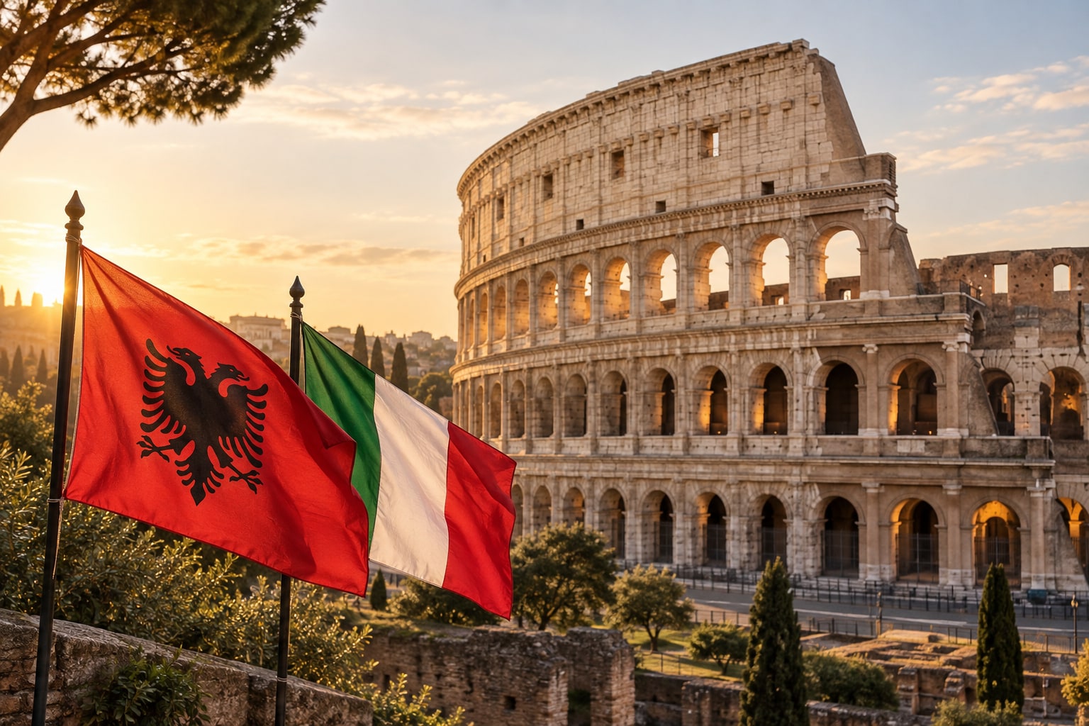 Illustrazione delle bandiere albanese e italiana accanto al Colosseo al tramonto