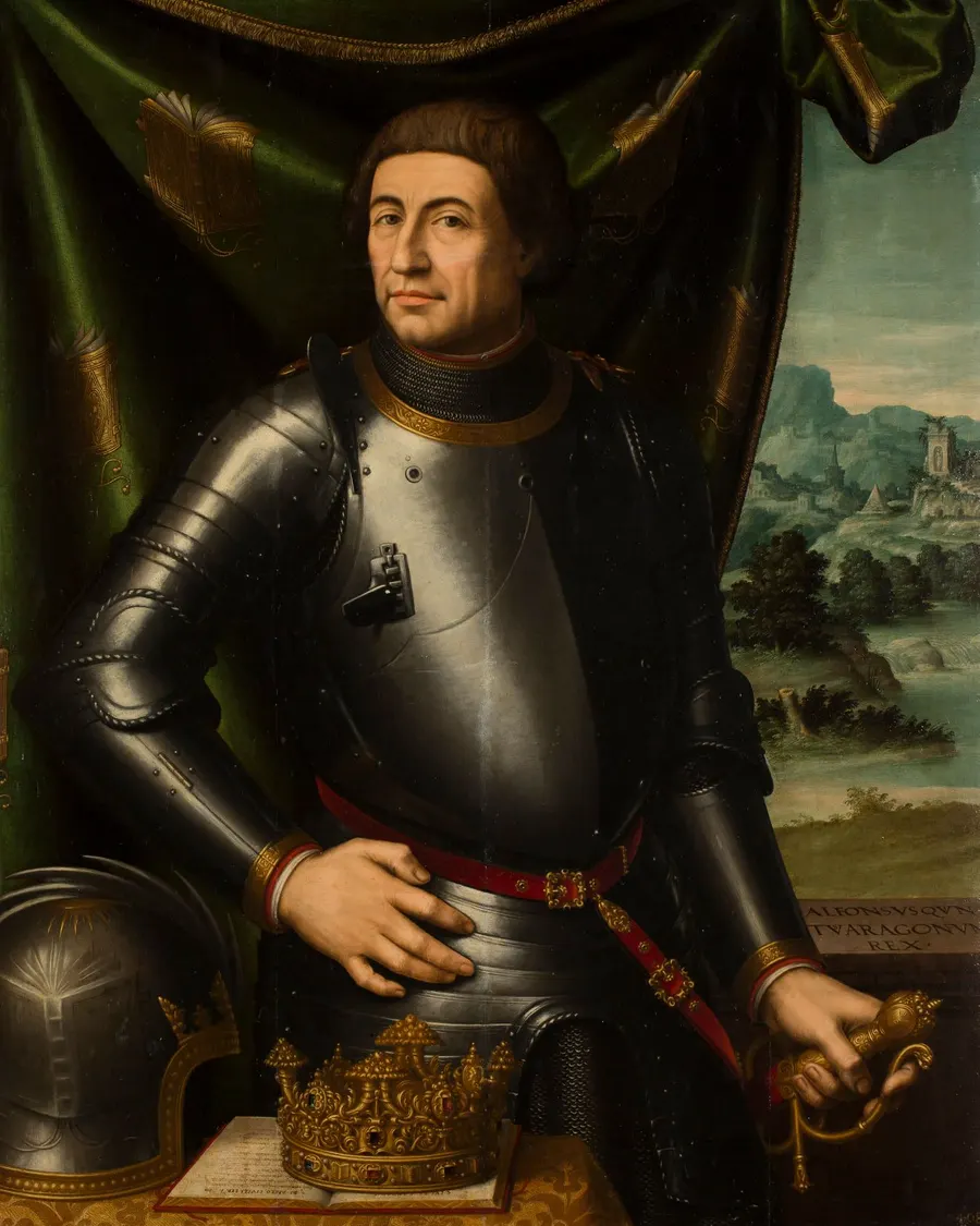 Porträt von Alfons V. von Aragón von Juan de Juanes, das den König in Rüstung zeigt