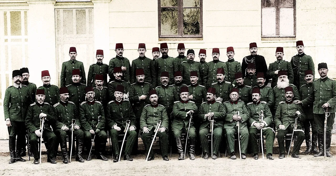 Staff officers of the Ottoman Action Army photographed at Salonica in April 1909