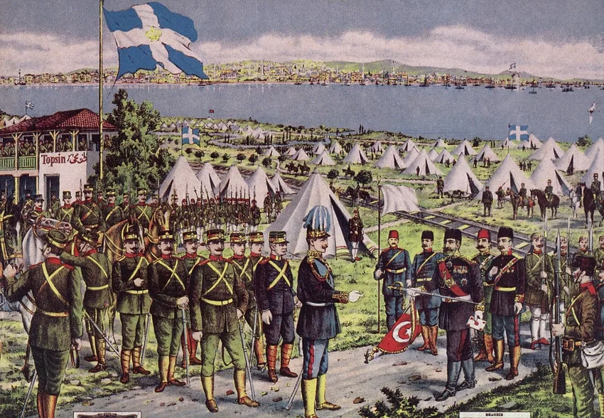 Litografi e dorëzimit të Selanikut te Princi Trashëgimtar Konstandin në nëntor 1912; protokollin e nënshkroi komandanti osman me origjinë shqiptare Hasan Tahsin Pasha