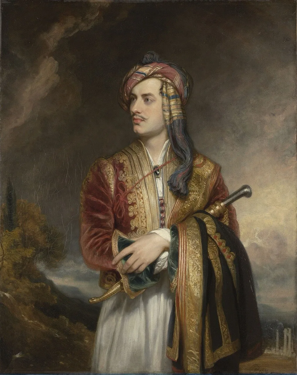 Thomas Phillips‘ Ölporträt von Lord Byron aus dem Jahr 1813 in albanischer Kleidung: goldbestickte rote Jacke, weißer Kilt und Turban, vor dunklem Hintergrund
