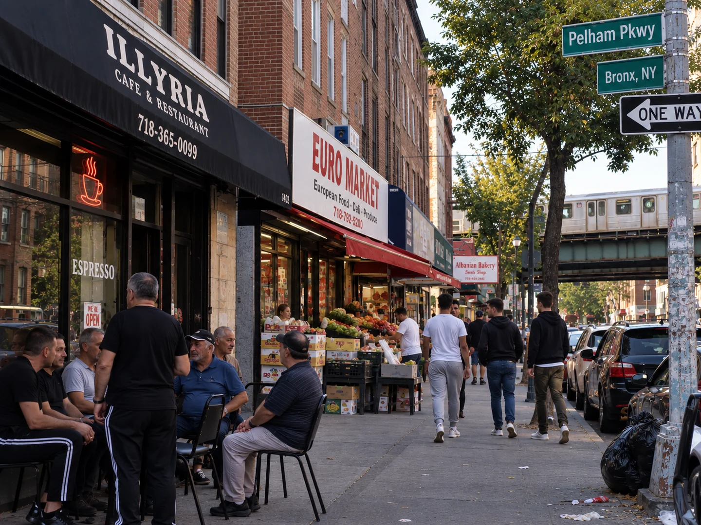 Illustration of a Bronx street with Albanian cafés, markets and a bakery