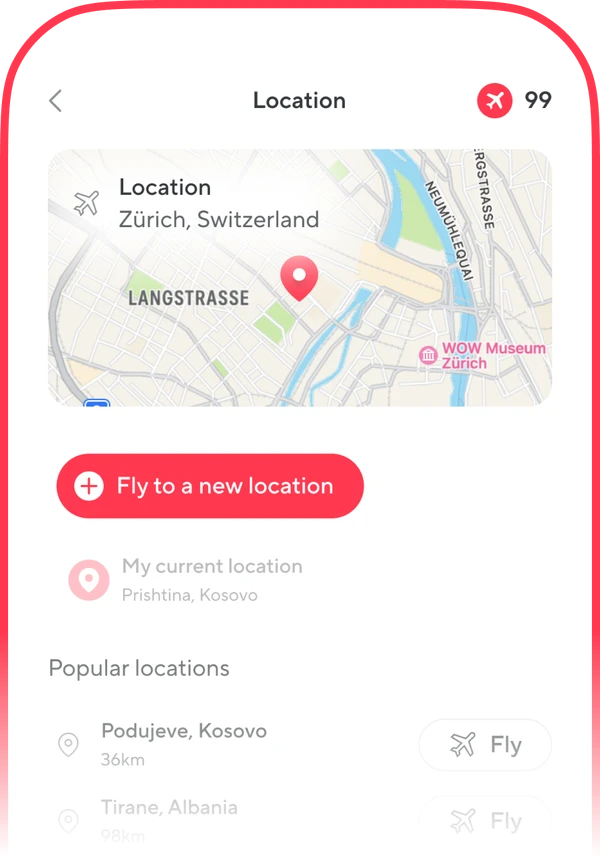 Original dua.com Fly app preview showing Location and Fly to a new location