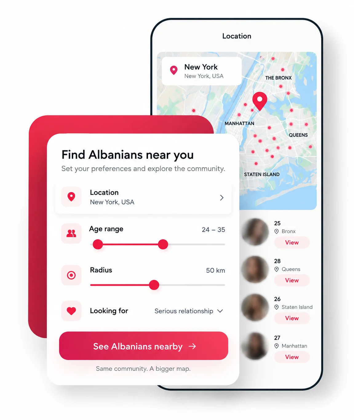 Illustration of location and profile preferences for discovering Albanians in New York