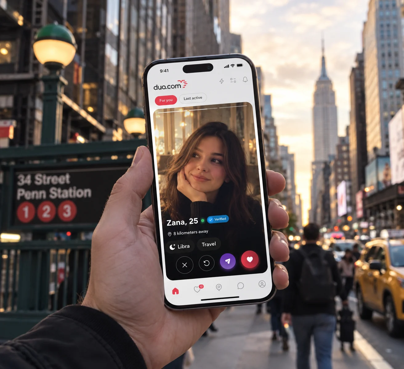 Illustration of a dua.com profile on a phone against a New York street scene