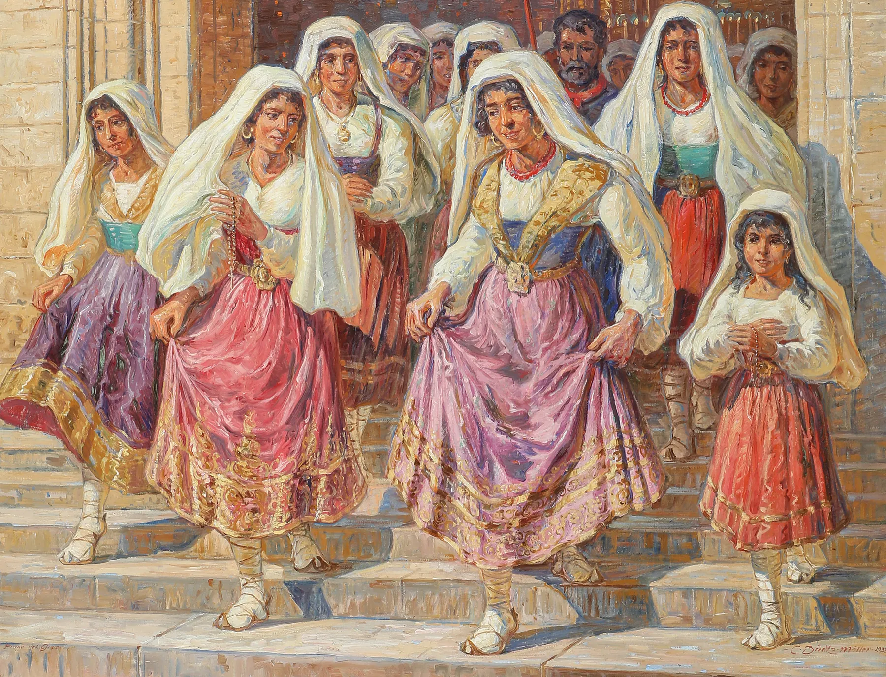 Pintura de mujeres y niñas con velos blancos y vestidos de seda rosa y violeta bajando las escaleras de una iglesia en Piana dei Greci