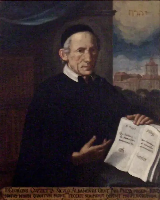 Gemaltes Porträt von Pater Giorgio Guzzetta mit einem Buch in der Hand
