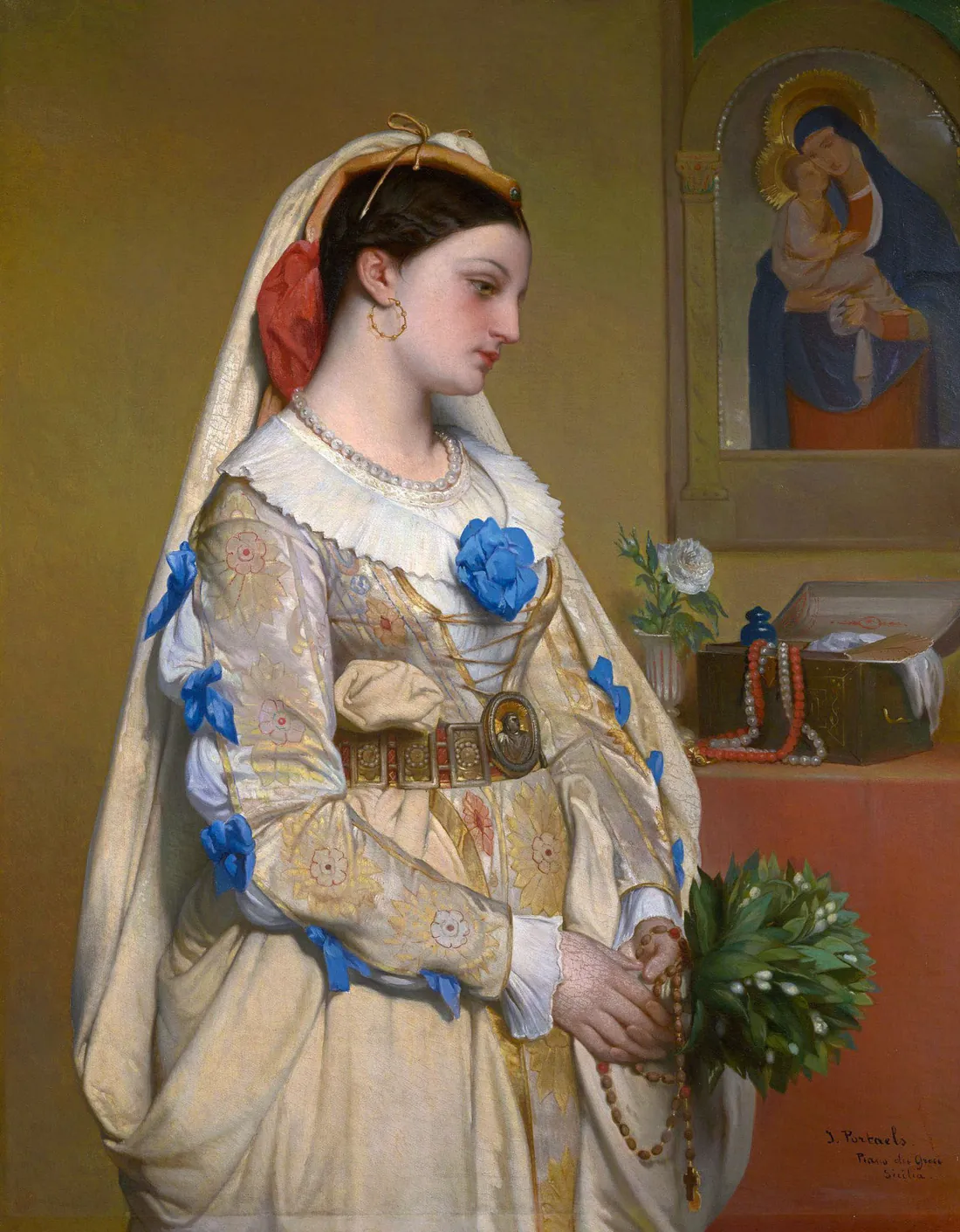 Pintura de una joven novia de perfil con vestido de brocado color crema, lazos azules y largo velo blanco