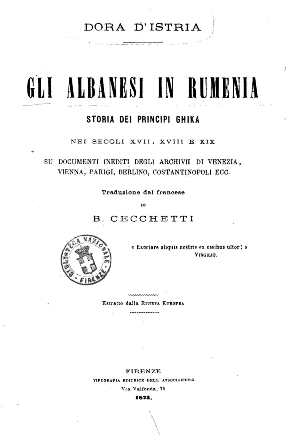 Faqja e titullit të librit Gli Albanesi in Rumenia, Firence 1873