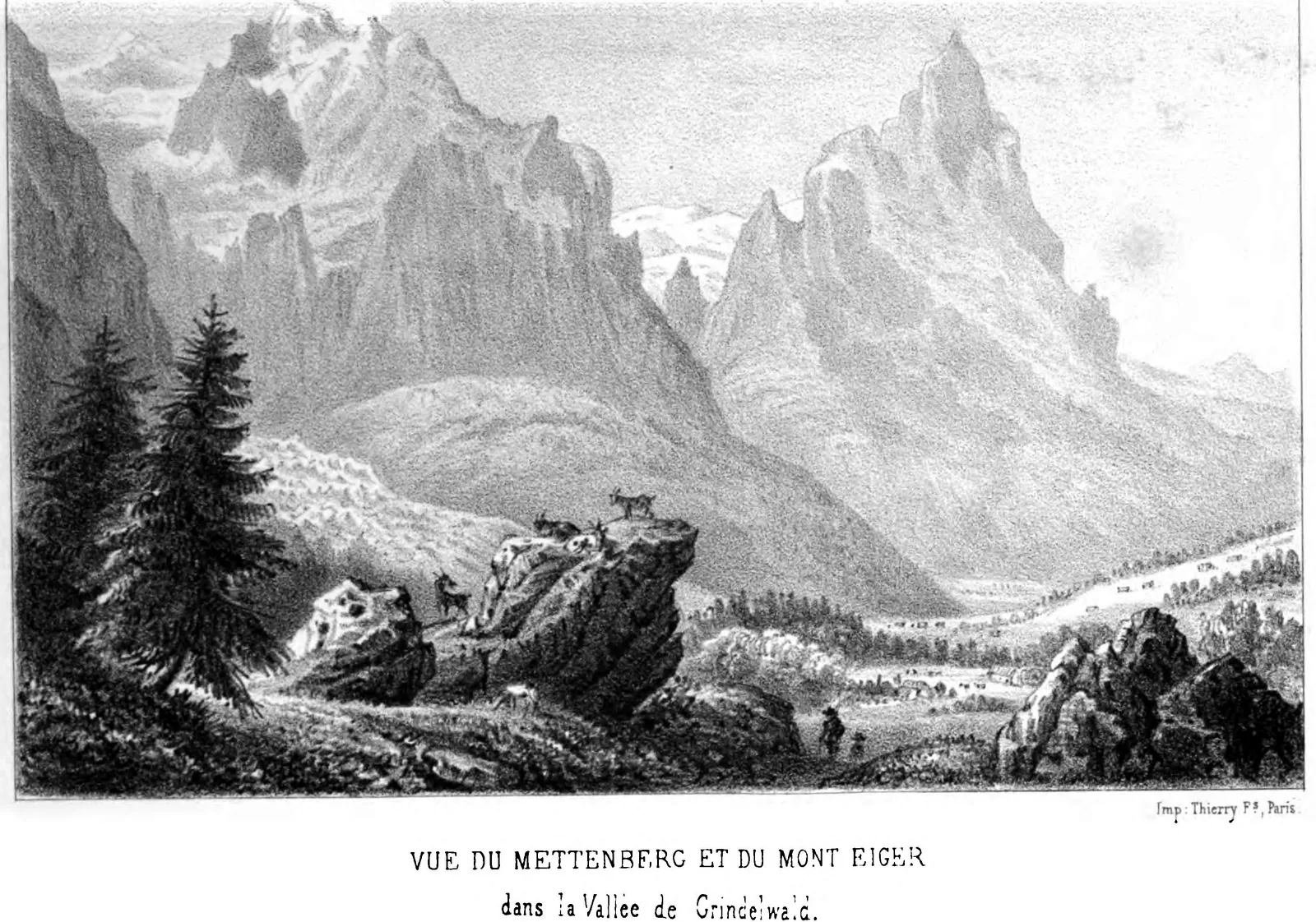 Litografi: pamje e Mettenbergut dhe e malit Eiger në luginën e Grindelwald-it, nga libri i Dora d'Istrias i vitit 1856