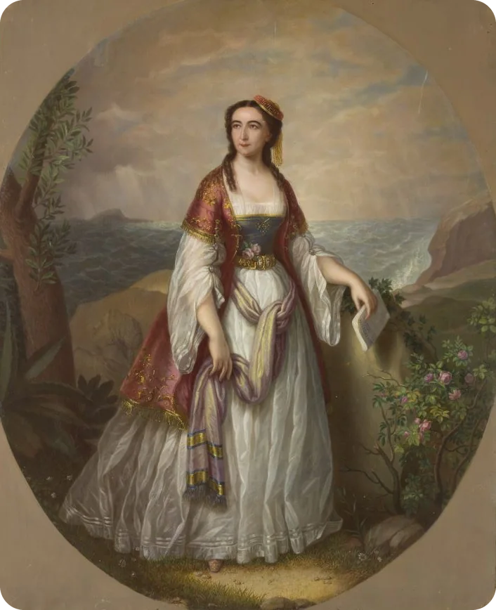 Dora d'Istria në pikturën e Petre Mateescut të vitit 1876: në këmbë në një breg shkëmbor buzë detit, me fustan të bardhë, jelek të kuq të gjatë dhe kësulë me xhufkë, me një libër në dorë