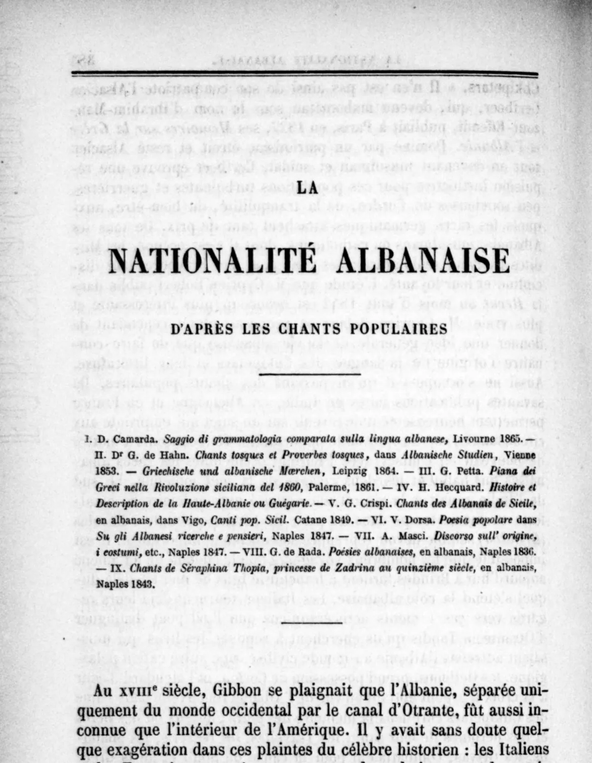 Faqja e parë e studimit La nationalité albanaise d'après les chants populaires, Revue des Deux Mondes, 15 maj 1866