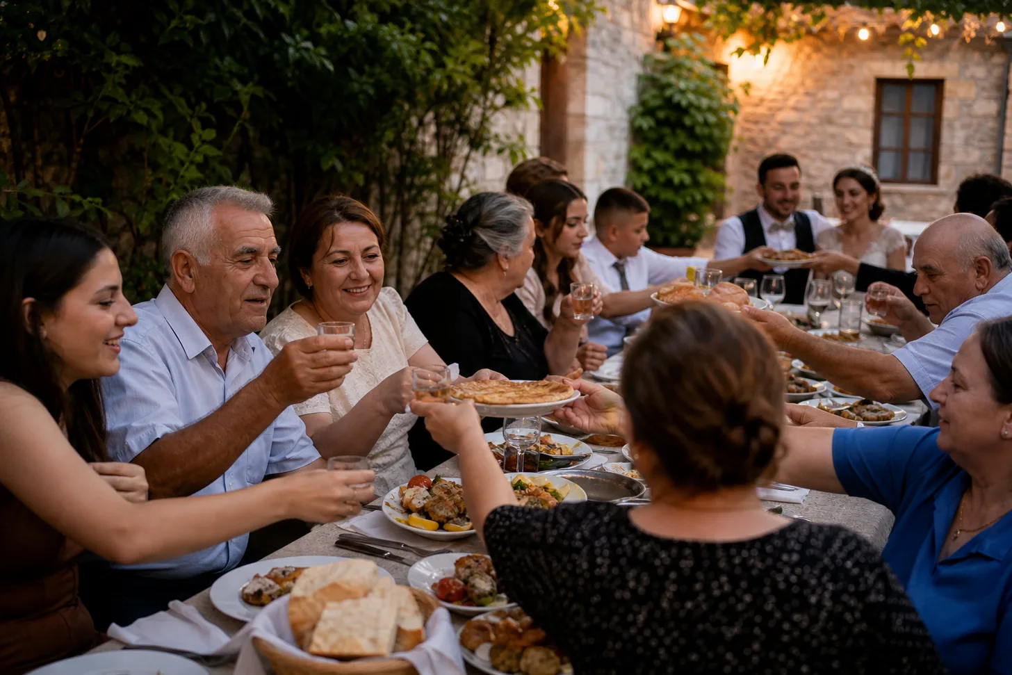 Mehrere Generationen einer Familie stoßen an einer Hochzeitstafel miteinander an