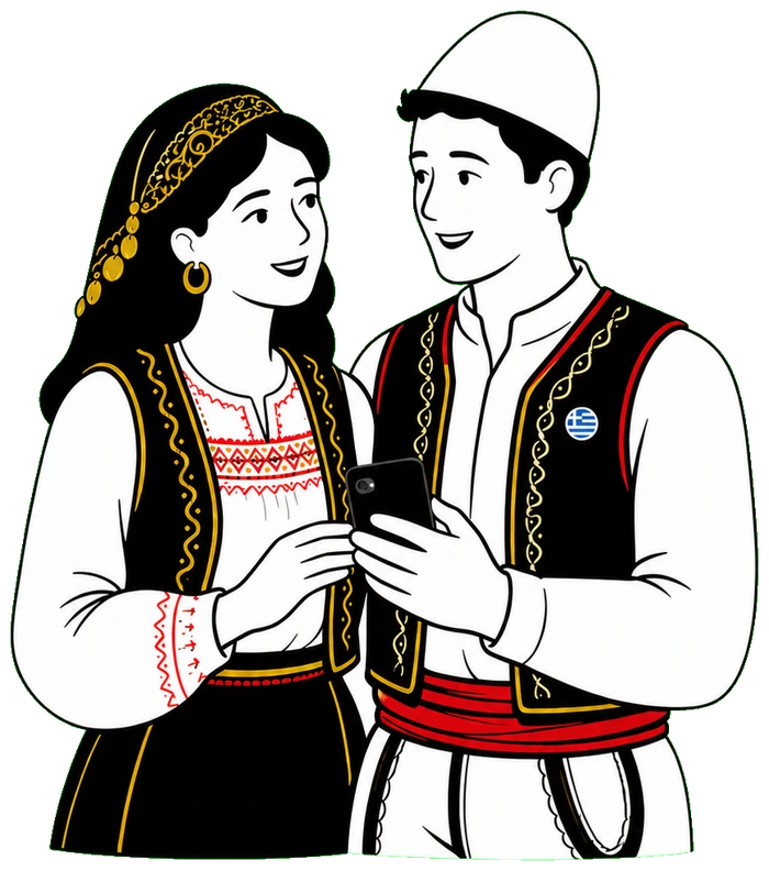 Illustration eines albanischen Paares in Tracht, das gemeinsam auf ein Telefon blickt, mit einer Anstecknadel der griechischen Flagge