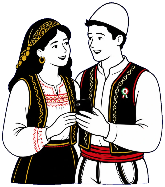 Illustration eines albanischen Paares in Tracht, das gemeinsam auf ein Handy schaut