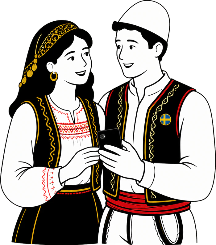 Illustration eines albanischen Paares in traditioneller Tracht, das gemeinsam auf ein Handy schaut, dazu eine Anstecknadel mit der schwedischen Flagge