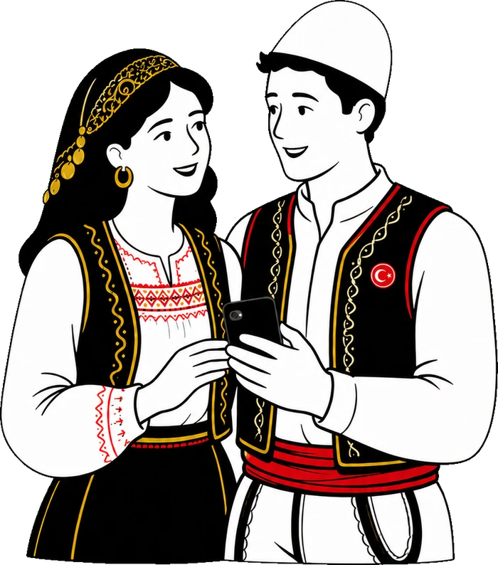 Illustration eines albanischen Paares in traditioneller Kleidung, das gemeinsam auf ein Handy schaut, mit einer türkischen Flaggennadel