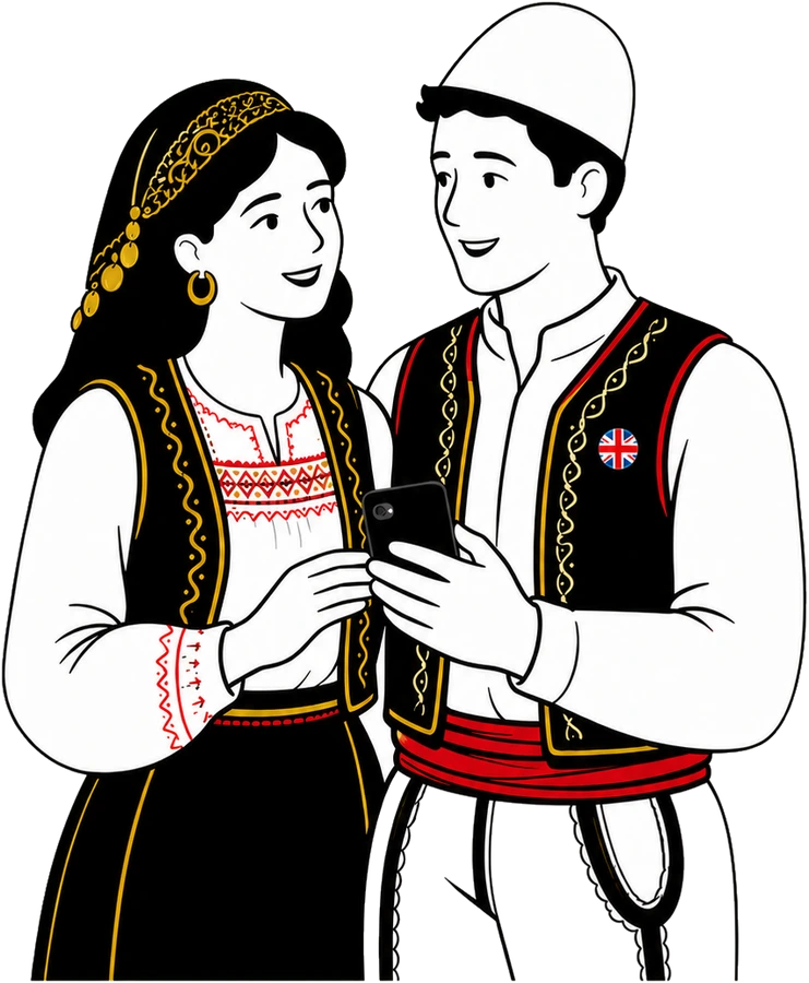 Illustration eines albanischen Paares in traditioneller Kleidung, das gemeinsam auf ein Telefon schaut, wobei der Mann eine Union-Jack-Anstecknadel an seiner Weste trägt