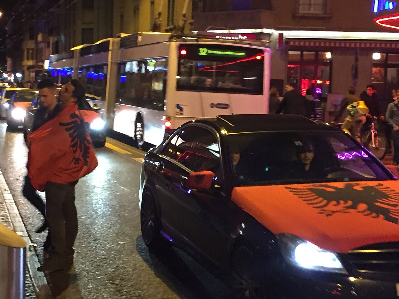 Albanians celebrating with flags on the Langstrasse in Zurich after a national-team win at Euro 2016