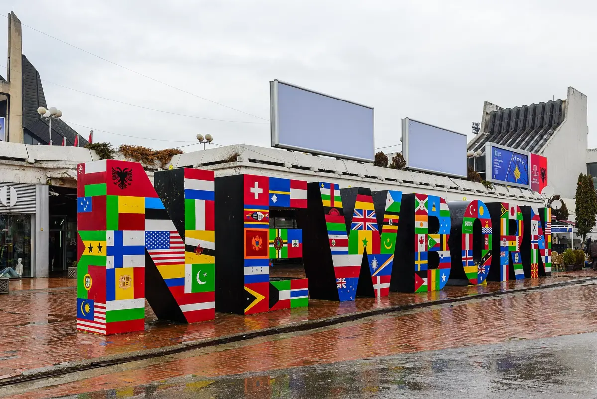 The NEWBORN monument in central Prishtina, its letters painted with the flags of the states that had recognised Kosovo